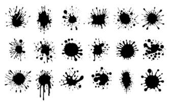 Tinte Flecken. schwarz Tinte Farbe Spritzer, Tropfen und Spritzer. Einfärben sprühen Flecken, tropft flüssig. schlammig Inkblot Flecken Silhouetten isoliert. Vektor einstellen