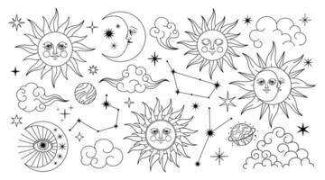 mystiker himmelsk symbol. esoterisk galax element. magi andlig astrologi tecken, abstrakt måne, Sol, stjärnor, konstellationer. grafik alkemi tatuering. vektor uppsättning