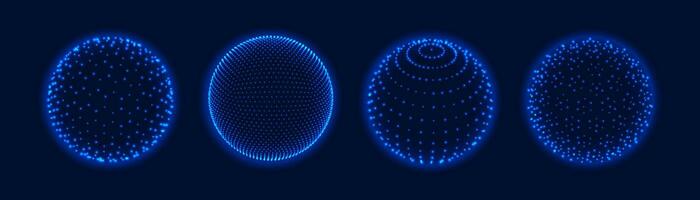 3d Gitter Kugeln mit Licht Punkte. Atom Erde Kugel, Wissenschaft Globus mit Partikel virtuell Wirklichkeit Gittergewebe Bälle. abstrakt glühend Blau Kugeln Vektor einstellen