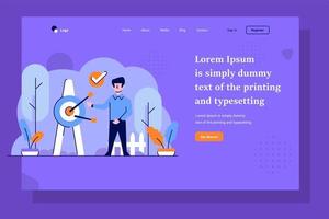 Landing-Page-Geschäfts- und Finanzmann, der eine Präsentation macht, die auf die Geschäftsziele des Zielmarktes abzielt, flach und umrissen vektor