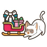 Katze und Geschenkbox auf Schlitten am Weihnachtstag vektor
