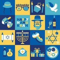 Jüdische Feiertags-Chanukka-Grußkarte traditionelle Chanukka-Symbole - Menora-Kerzen, Stern David Illustration auf Collage-Stil. vektor
