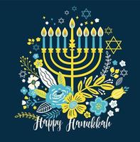jüdische Feiertags-Chanukka-Grußkarte traditionelle Chanukka-Symbole - Menora-Kerzen, Stern David, Blumenillustration auf Blau. Schriftzug Überschrift.