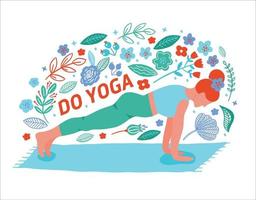 Frauen, die Yoga flache Farbtrend-Vektorkarte ausüben. Yoga-Meditation im Cartoon-Stil praktizieren. Übung Workout Hintergrund. Gesunder Lebensstil Morgen Fitness-Aktivitäten Bilder. vektor