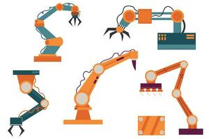 uppsättning av industriell robotar manipulatorer. robotiserad ärm, modern industri robotiskt teknologi, transportband. fabrik maskineri automatisk. vektor