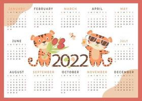 2022. barns tigerkalender 2022 med söta djur. tigersymbol för det nya året 2022. vektor illustration