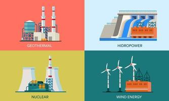 Eine Sammlung flacher Illustrationen von Geothermie-, Kern-, Wasser- und Windkraftanlagen. geeignet für Gestaltungselemente von Webseiten-Hintergründen und umweltfreundlichen Postern für erneuerbare Energien. vektor