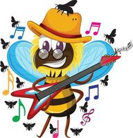 ein Karikatur Biene mit ein Hut und Brille spielen ein elektrisch Gitarre vektor
