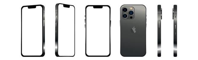 Schwarzes modernes Smartphone Handy iPhone 13 Pro in 6 verschiedenen Winkeln auf weißem Hintergrund - Vektor