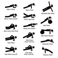 Plank Training Variationen Übung Strichmännchen Piktogramme Symbole. vektor