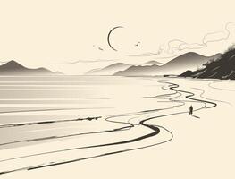 svart och vit illustration av en lugn landskap. en lindning väg eller ström leder till avlägsen berg, med en person synlig på de väg. vektor