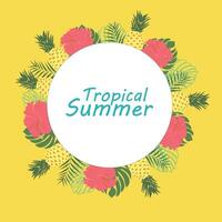 tropisch Sommer- Banner. hell, bunt, Gelb Hintergrund von tropisch Blätter, Ananas und Blumen. kreativ, exotisch, komisch rahmen. Poster, Botschaft auf das Internet, Vorlage, Postkarte vektor