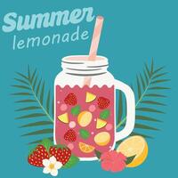 Sommer- Limonade. Glas Krug mit Limonade auf Aquamarin Hintergrund mit Zitrone, Orange, Erdbeere, Eis Würfel und Blätter. Sommer- trinken vektor