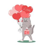 Karikatur Katze mit ein Geschenk Box und herzförmig Luftballons. glücklich Kätzchen. Inschrift, das Wort Liebe. Karte Design zum Hochzeit, Geburtstag, Valentinstag Tag. Vektor Illustration.