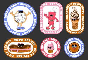 uppsättning av klistermärken med sötsaker i retro tecknad serie stil. vektor illustration av munk, is grädde, kaffe, muffin med cirkel text i de form av retro klistermärken.