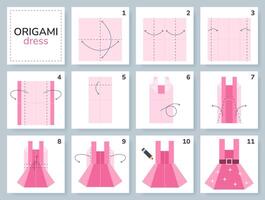 klänning origami schema handledning rör på sig modell för ungar. steg förbi steg på vilket sätt till göra en söt origami solklänning. vektor illustration. Kläder, kläder, plagg.