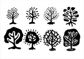 träd i linocut stil. enkel träsnitt ikon. svart minimalistisk lantbruk växt. platt bruka organisk trädgård. skog skog isolerat på vit vektor