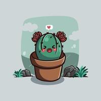 söt kaktus i pott med tecknad serie stil vektor