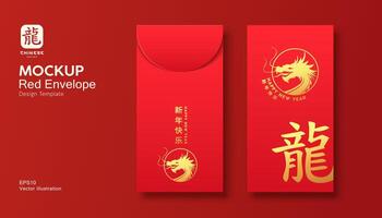 rot Briefumschlag spotten hoch, ang pao Chinesisch Drachen Gold Farbe Design eps10 Vektor Illustration.