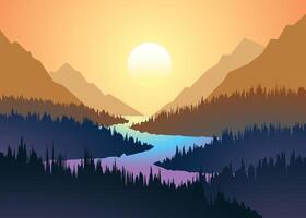 schön Karikatur Fantasie Landschaft mit Sonnenuntergang oder Sonnenaufgang Berg Angebot kalt Morgen Nebel im das Berg Gipfel vektor