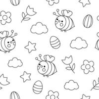 Vektor schwarz und Weiß kawaii Ostern oder Frühling nahtlos Muster zum Kinder. süß Karikatur wiederholen Hintergrund, Färbung Buchseite. traditionell Symbole Digital Papier mit farbig Eier, Hummeln