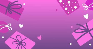 Vektor Rosa violett Hintergrund mit Geschenk Kisten und Herz durch Valentinstag Tag. Illustration im eben Stil mit Text Raum. zum Gruß Karte, Logo, Verkauf, Produkt, Design