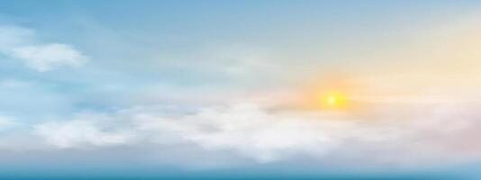 Himmel blau, Wolke Hintergrund, Horizont Frühling klar Himmel im Morgen durch das Strand, Vektor schön Landschaft Natur Sonnenaufgang im Sommer, Hintergrund Panorama- Banner Weiß Wolken Über Ozean Blau