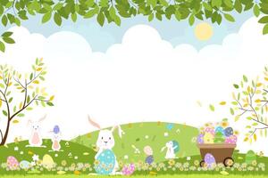 Ostern Hintergrund, Frühling Feld Landschaft mit süß Karikatur Hase Jagd Ostern Eier im fram Feld, Vektor Illustration Kaninchen spielen auf Sommer- Grün Wiese, Design zum Karte, Einladung, Poster Banner