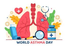 värld astma dag vektor illustration på Maj 2 med inhalator, medicinsk Utrustning och hälsa förebyggande lungor i sjukvård platt tecknad serie bakgrund