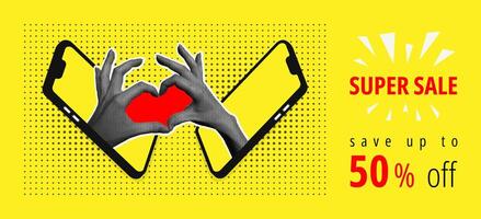 super försäljning baner begrepp. vektor illustration med telefon och händer som visar hjärta. rabatt kreativ trend collage.