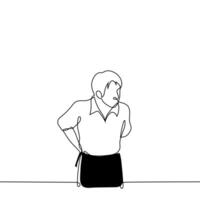 man kvitt en svart förkläde på han själv - ett linje teckning vektor. begrepp ett anställd av en restaurang, catering eller kaffe affär får klädd innan en arbete flytta vektor