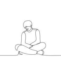 Mann ist Sitzung auf das Fußboden mit Beine und Waffen gekreuzt und Kopf Nieder - - einer Linie Zeichnung Vektor. Konzept traurig Mann Sitzung im ein geschlossen Pose vektor