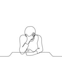 Mann sitzt ruhen seine Ellbogen auf das Tabelle mit seine Kopf Nieder und gelehnt seine Stirn auf seine Hand - - einer Linie Zeichnung Vektor. Konzept Ermüdung, Kopfschmerzen, Überarbeitung, Migräne, Gesicht, schaudern, Verzweiflung vektor