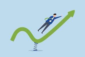 Lager Markt Rebound, Geschäftsmann Springen hoch auf Trampolin mit Grün steigend Performance Pfeil Diagramm vektor