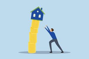 fast egendom marknadsföra kollaps, verklig egendom ombud hjälper skydda de hus från en faller instabil stack av mynt. vektor