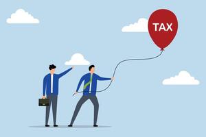 MwSt erhöhen, ansteigen zu zahlen, Geschäftsleute Hilfe zu halt schweben steigend Ballon mit das Wort Steuer. vektor
