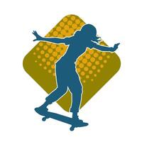 Silhouette von ein weiblich im Aktion Pose auf Skateboard. Silhouette von ein städtisch Mädchen auf Skateboard. vektor