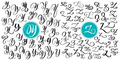 Handtecknad vektor kalligrafi brev Y, Z. Skript typsnitt. Isolerade bokstäver skrivna med bläck. Handskriven penselstil. Handbokstäver för logotypemballage