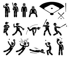Baseball Player Actions Poses Pictogram Ikoner för Stick Figur. vektor