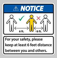 Knotice eep 6 fot avstånd, för din säkerhet, håll minst 6 fot avstånd mellan dig och andra. vektor