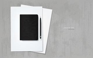 Notizbuch und Bleistift auf weißem Papierblatt mit Grunge-Beton-Textur-Hintergrund. Vektor. vektor