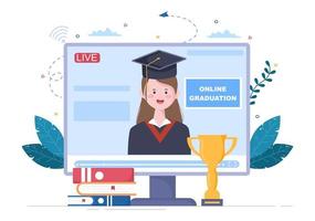 virtuell online examen dag för studenter som firar bakgrund vektor illustration bär akademisk klänning, examen cap och hålla diplom i kommunicera via video