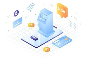 Online-E-Banking-App, Brieftasche oder Bankkreditkartenvektorillustration mit Technologie, Datenschutz und Zahlungssicherheit für digitale Zahlungen über Smartphones vektor