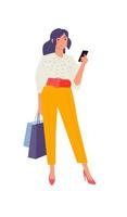 Illustration eines niedlichen modischen Mädchens mit einem Telefon. Vektor. Shopperin, Shopaholic. Mädchen am Telefon chatten. flacher Stil. vektor