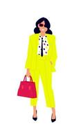 Illustration eines süßen Mädchens in einem gelben Anzug. Vektor. Frau Shopper Shopper mit Einkäufen. lässiger Kleidungsstil. flacher Stil. Bild ist auf einem weißen Hintergrund isoliert. vektor