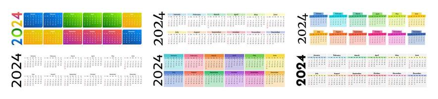 einstellen von sechs horizontal Kalender zum 2024 isoliert auf ein Weiß Hintergrund. Sonntag zu Montag, Geschäft Vorlage. Vektor Illustration