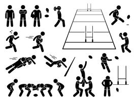 Rugby Player Actions Poses Stick Figure Pictogram Ikoner. vektor