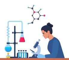 forskare i kemi laboratorium arbetssätt på forskning och utforskning. flaskor, flaskor, testa rör med ämne. labb forskning, testning, studier i kemi. vektor illustration.