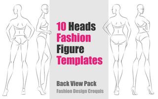 10 Köpfe Modefiguren-Vorlagen - Rückansichtspaket. Modedesign Vektor Croquis