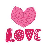 Grafisk blommig geometri hjärta och text kärlek. Vektor illustration isolerad på bakgrunden. Bröllop, St. Valentinsdagstilutsmyckning för affischer och hälsningskortdesign